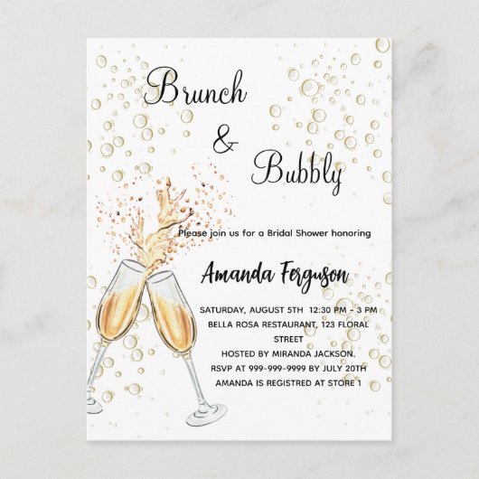 Invitation Carte Postale Brunch Bubbly Fête des mariées or glamour (Devant)