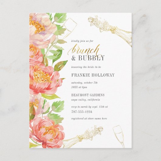 Invitation Carte Postale Brunch & Bubbly Roses & Fête des mariées Parties s (Devant)