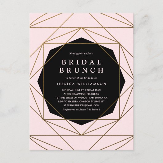 Invitation Carte Postale Brunch nuptial moderne géométrique or, blanc et no (Devant)