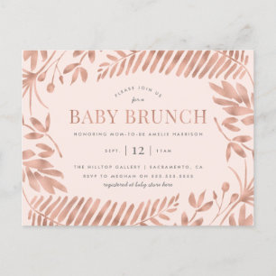 Invitation Carte Postale Brunch tropical de bébé de verdure d'or rose