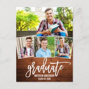 Invitation Carte Postale Brush Script Wood 4 Photo Graduation Party