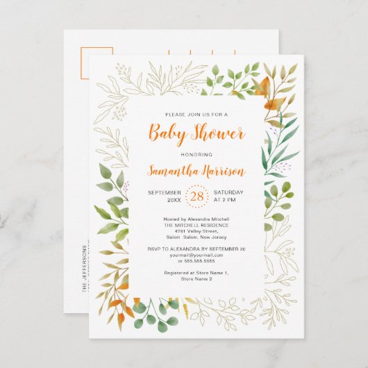 Invitation Carte Postale Budget Automne Foliage Joli Baby shower botanique (Devant / Derrière)