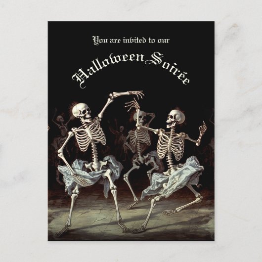 Invitation Carte Postale Budget Black Death Dancing Skeletons Halloween (Devant)