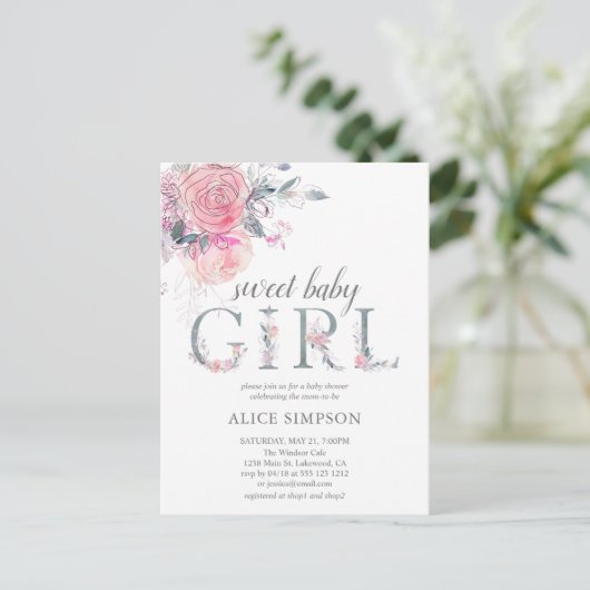 Invitation Carte Postale Budget Boho Baby shower de fleurs rose pâle (Debout devant)
