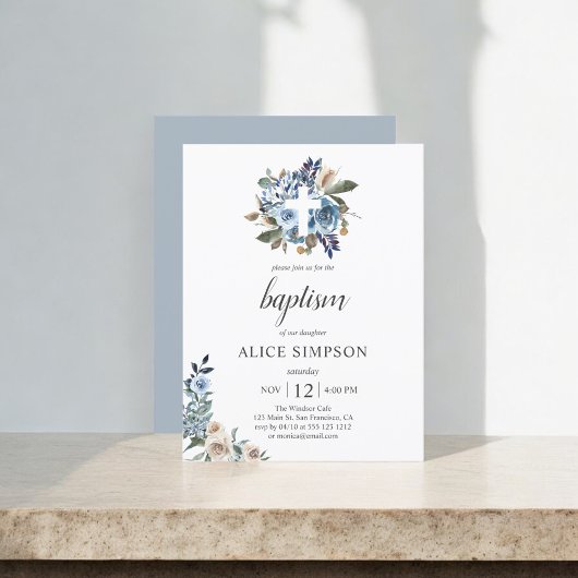 Invitation Carte Postale Budget Boho Dusty Blue Beige Fleurs Baptême