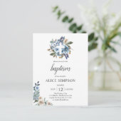 Invitation Carte Postale Budget Boho Dusty Blue Beige Fleurs Baptême (Debout devant)
