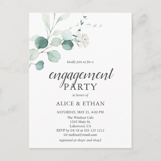 Invitation Carte Postale Budget Boho Green Eucalyptus Engagement Party (Devant)
