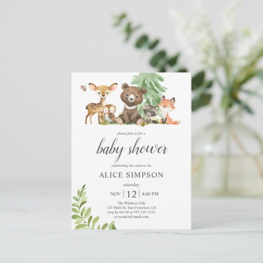 Invitation Carte Postale Budget Boho mignon Animaux Baby shower des bois In (Debout devant)