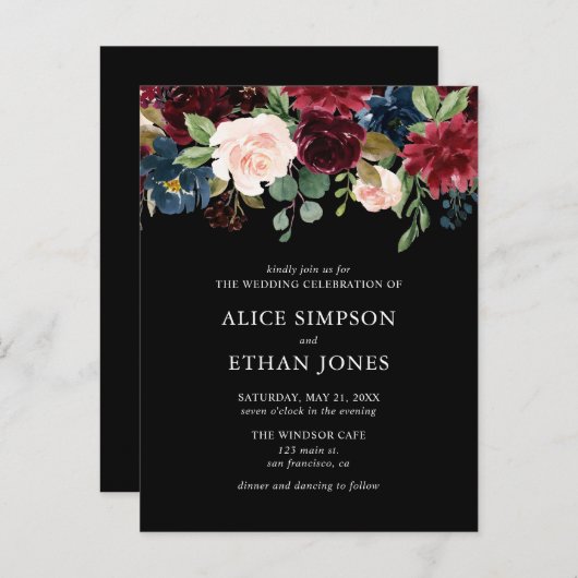 Invitation Carte Postale Budget Boho Navy Blue Burgundy Floral Mariage (Devant / Derrière)