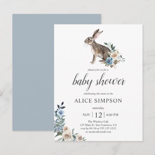Invitation Carte Postale Budget Bunny Boho Dusty Blue Flower Baby shower (Devant / Derrière)