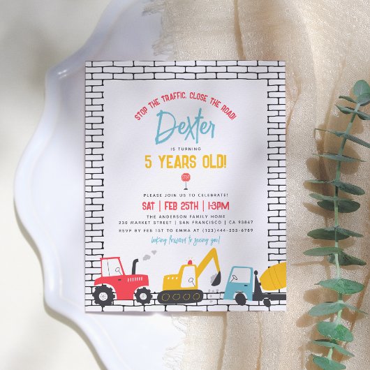 Invitation Carte Postale Budget Construction Véhicules Garçon Anniversaire 