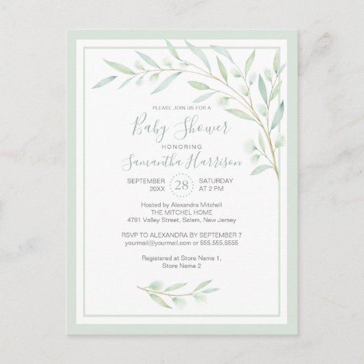 Invitation Carte Postale Budget Vert Botanique Élégant Baby shower Sage (Devant)