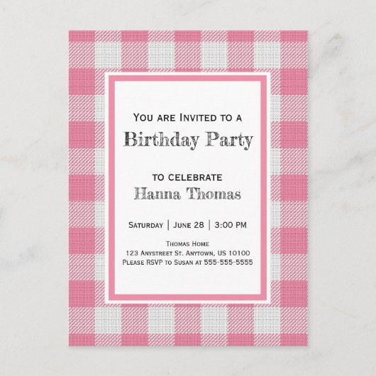 Invitation Carte Postale Buffle rose Plaid Anniversaire (Devant)