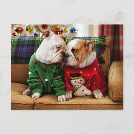 Invitation Carte Postale Bulldogs de Noël en pulls (Devant)