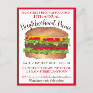 Invitation Carte Postale Burger Hamburger Cheeseburger Pique-nique Cookout 
