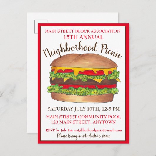 Invitation Carte Postale Burger Hamburger Cheeseburger Pique-nique Cookout  (Devant / Derrière)