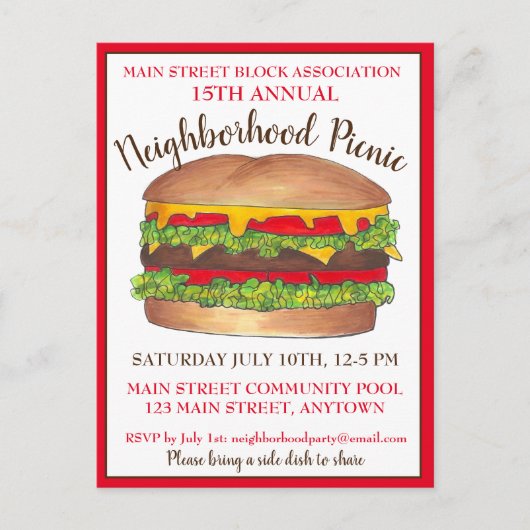 Invitation Carte Postale Burger Hamburger Cheeseburger Pique-nique Cookout (Devant)