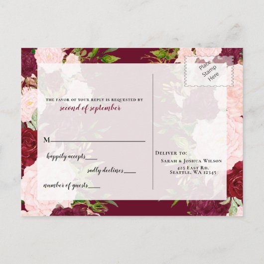 Invitation Carte Postale Burgundy Blush or Floral Monogramme Mariage rsvp (Dos)