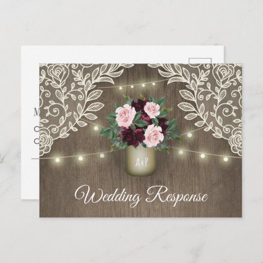 Invitation Carte Postale Burgundy Blush Rose or Mason Jar Mariage RSVP (Devant / Derrière)