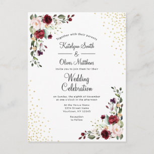 Invitation Carte Postale Burgundy Floral Gold feuille Aquarelle Mariage