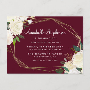 Invitation Carte Postale Burgundy Marsala Gold Geometry Anniversaire