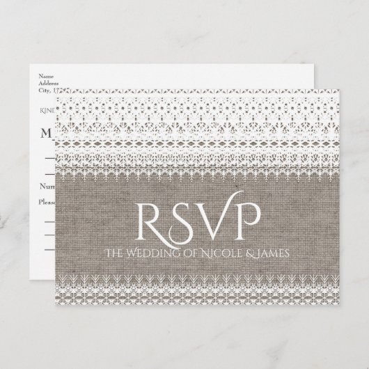 Invitation Carte Postale Burlap rustique et mariage élégant en dentelle RSV (Devant / Derrière)