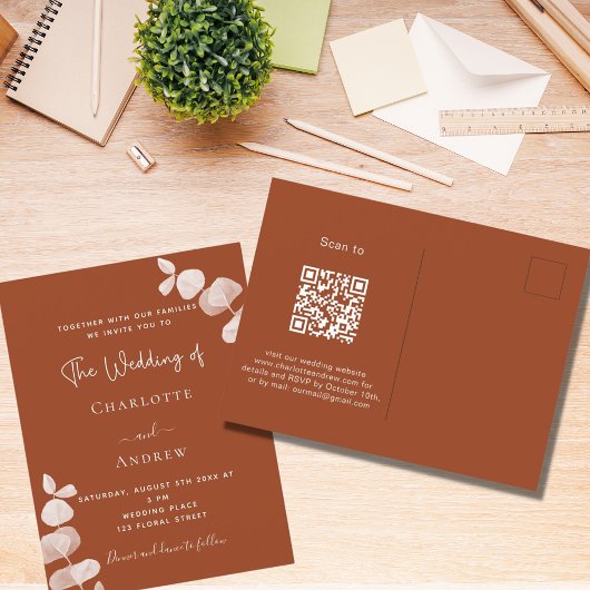 Invitation Carte Postale Burning orange eucalyptus QR code détails mariage