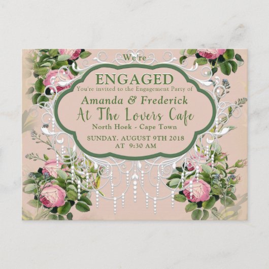 Invitation Carte Postale Bush Garden Green - Soft Rose Roses Fiançailles (Devant)