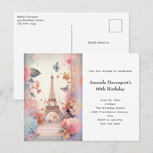 Invitation Carte Postale Butterflies et fleurs de la Tour Eiffel Anniversai (Devant / Derrière)