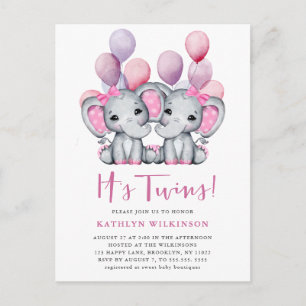 Invitation Carte Postale C’est Twins Elephant Pink Balloon Baby shower mign