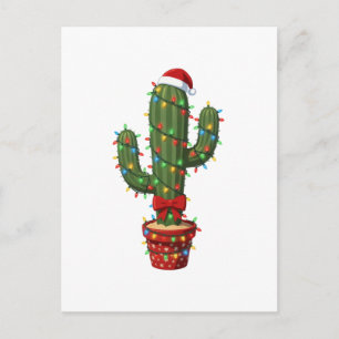 Invitation Carte Postale Cactus de Noël portant un chapeau de Père Noël Pla