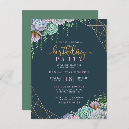 Invitation Carte Postale Cadre géométrique Or & Succulents Anniversaire (Devant / Derrière)