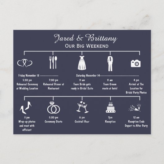 Invitation Carte Postale Calendrier Itinéraire de Weekend de Mariage (Devant)