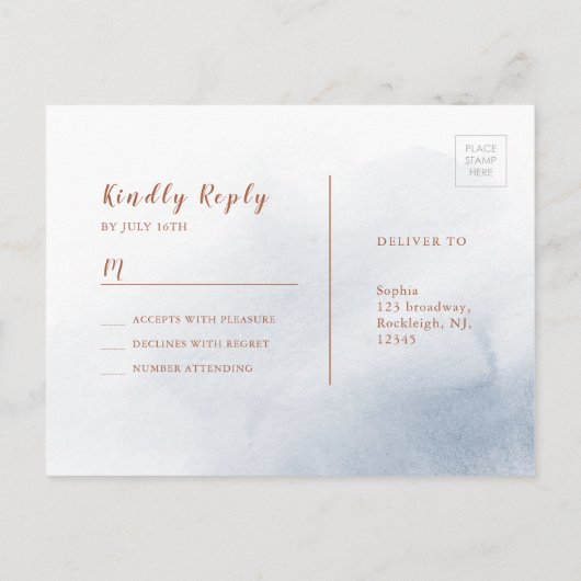 Invitation Carte Postale Calligraphie bleu outrepasse mariage floral rustiq (Dos)