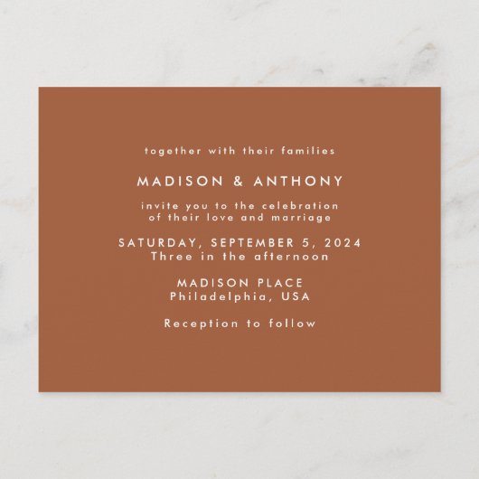 Invitation Carte Postale Calligraphie en terre cuite Enregistrez la date Ph (Dos)