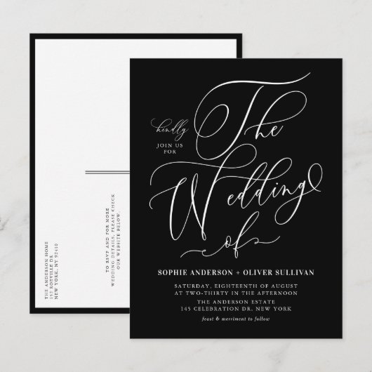 Invitation Carte Postale Calligraphie lunaire Mariage noir QR Code (Devant / Derrière)