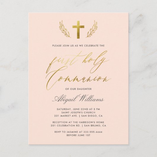 Invitation Carte Postale Calligraphie rose et or Blush Première Communion s (Devant)