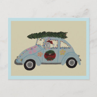 Invitation Carte Postale Caniche dans une voiture hippie à Noël