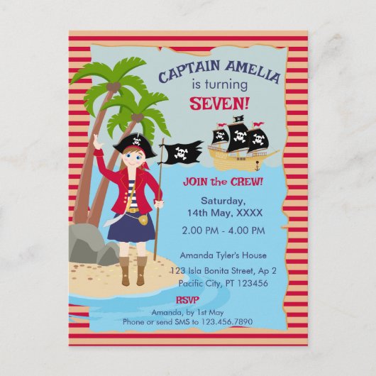 Invitation Carte Postale Capitaine de la fête d'anniversaire du navire pira (Devant)
