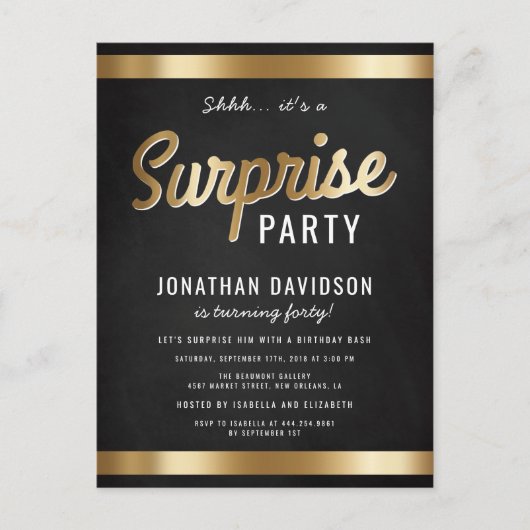 Invitation Carte Postale Caramel Gold et Black Surprise fête d'anniversaire (Devant)