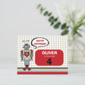 Invitation Carte Postale Caricature Robot Rétro Cute Kids Boy Fête d'annive (Debout devant)