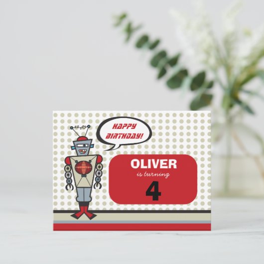 Invitation Carte Postale Caricature Robot Rétro Cute Kids Boy Fête d'annive (Debout devant)