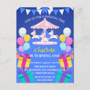 Invitation Carte Postale Carrousel arc-en-ciel magique Unicorn anniversaire