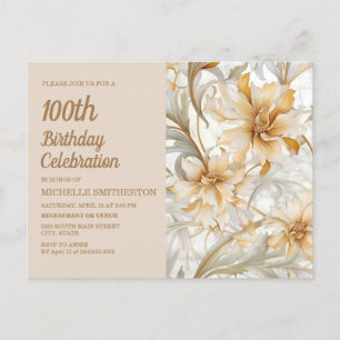 Invitation Carte Postale Carton Champagne Fleurs Femme 100e Anniversaire