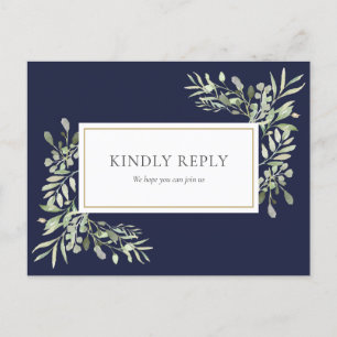 Invitation Carte Postale Carton de réponse de mariage à la verdure bleu mar