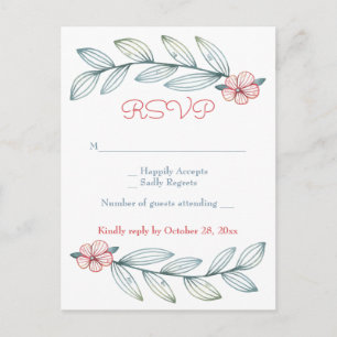 Invitation Carte Postale Carton de réponse floral bleu gris feuilles de lau