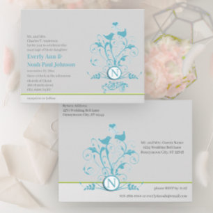 Invitation Carte Postale Carton d'invitation de mariage Oiseaux Cœurs Bleu 