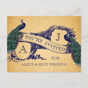 Invitation Carte Postale Carton d'invitation de mariage vintage Paon Bleu