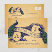 Invitation Carte Postale Carton d'invitation de mariage vintage Paon Bleu (Devant / Derrière)