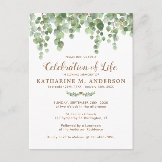 Invitation Carte Postale Célébration De La Vie Eucalyptus Verdure Funéraill (Devant)